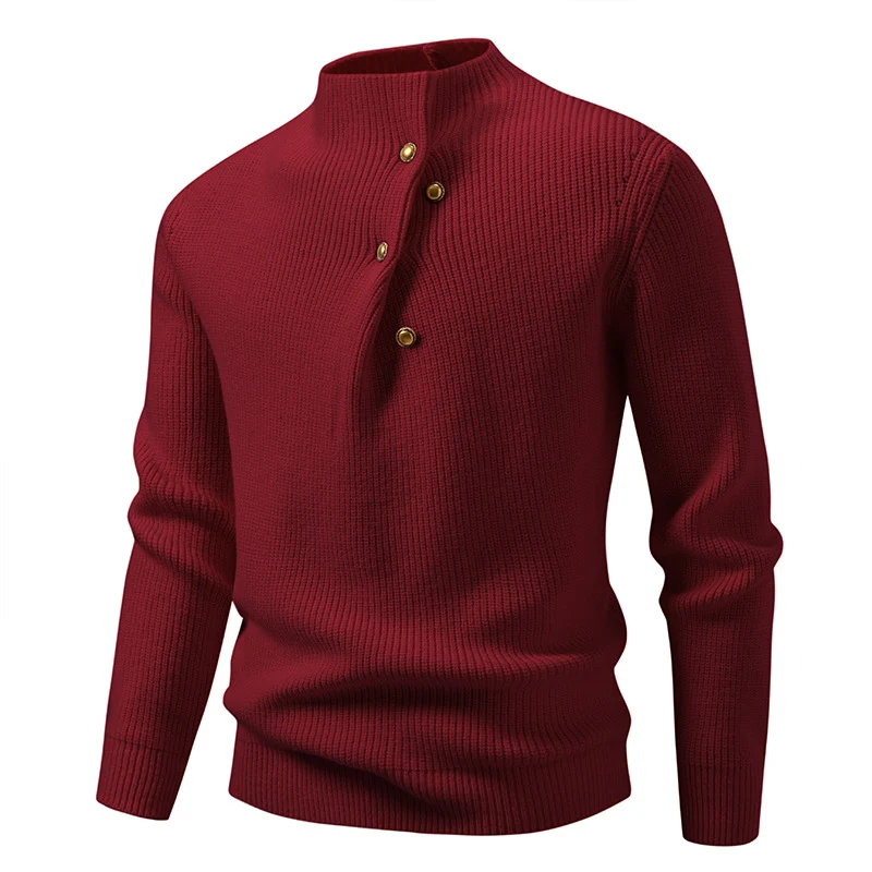 Herren Feinstrick-Pullover mit asymmetrischer Knopfleiste und Stehkragen Drune