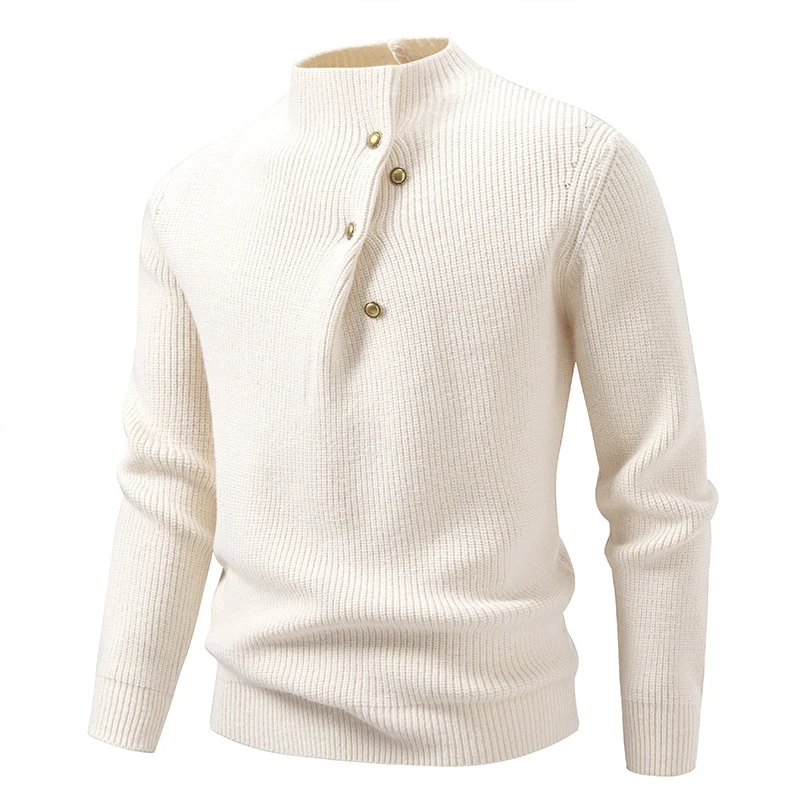 Herren Feinstrick-Pullover mit asymmetrischer Knopfleiste und Stehkragen Drune