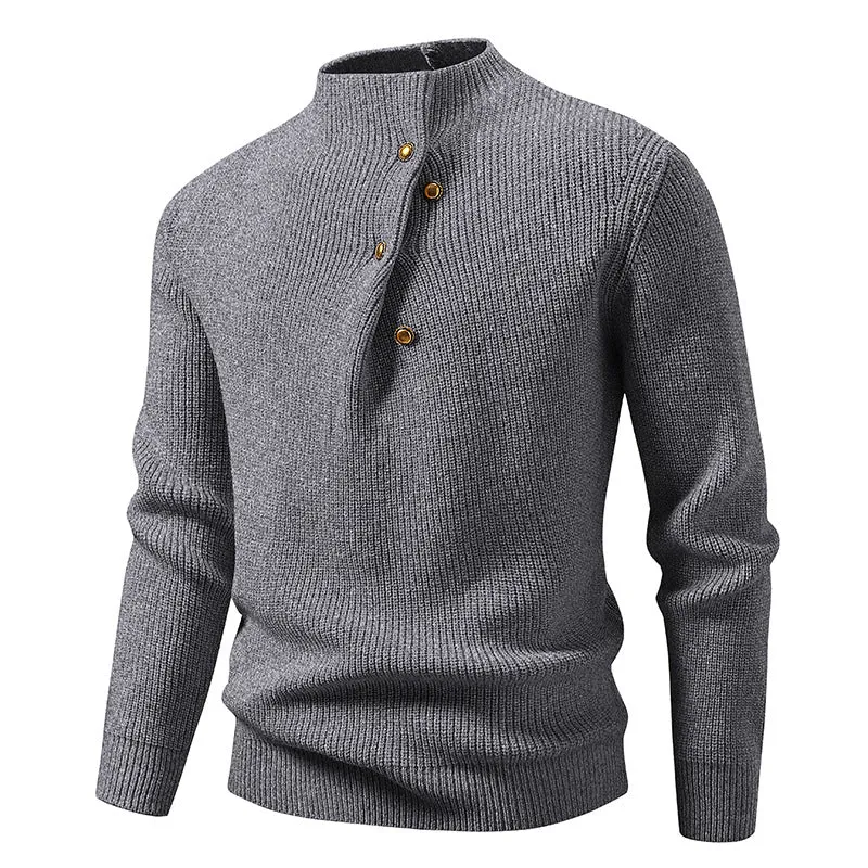 Herren Feinstrick-Pullover mit asymmetrischer Knopfleiste und Stehkragen Drune