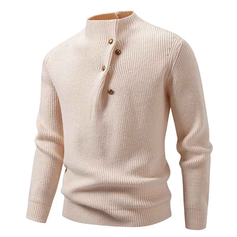 Herren Feinstrick-Pullover mit asymmetrischer Knopfleiste und Stehkragen Drune