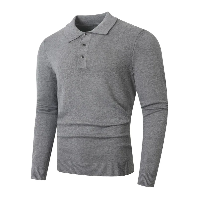 Herren Feinstrick-Poloshirt mit langem Arm und Dreiknopfleiste Drune