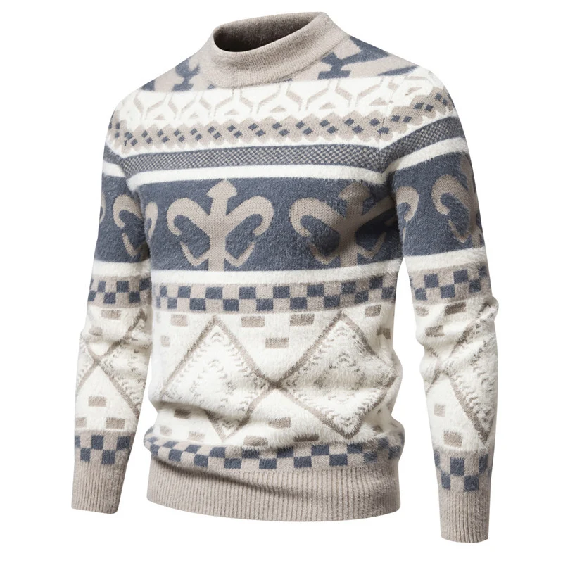 Herren Feinstrick-Mockneck-Pullover mit Jacquardmuster und gerippten Bündchen Drune