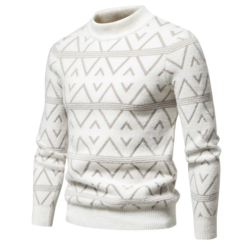 Herren Feinstrick-Mockneck-Pullover mit geometrischem Jacquardmuster und geripptem Saum Drune