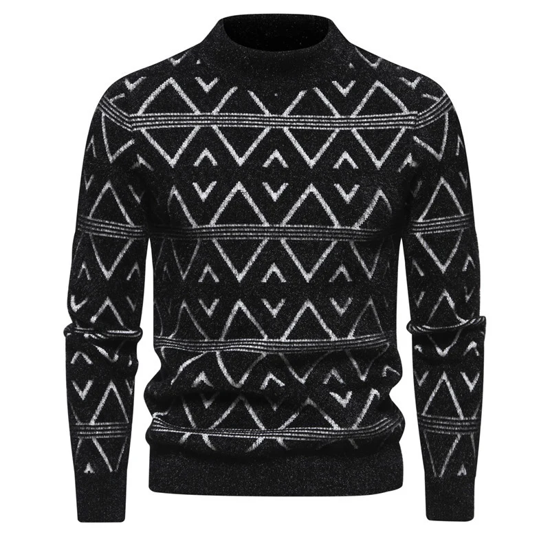 Herren Feinstrick-Mockneck-Pullover mit geometrischem Jacquardmuster und geripptem Saum Drune