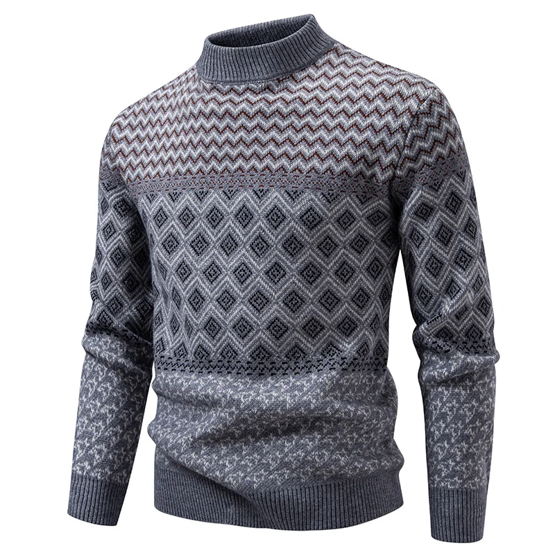 Herren Feinstrick-Mockneck-Pullover mit geometrischem Jacquard und gerippten Abschlüssen Drune