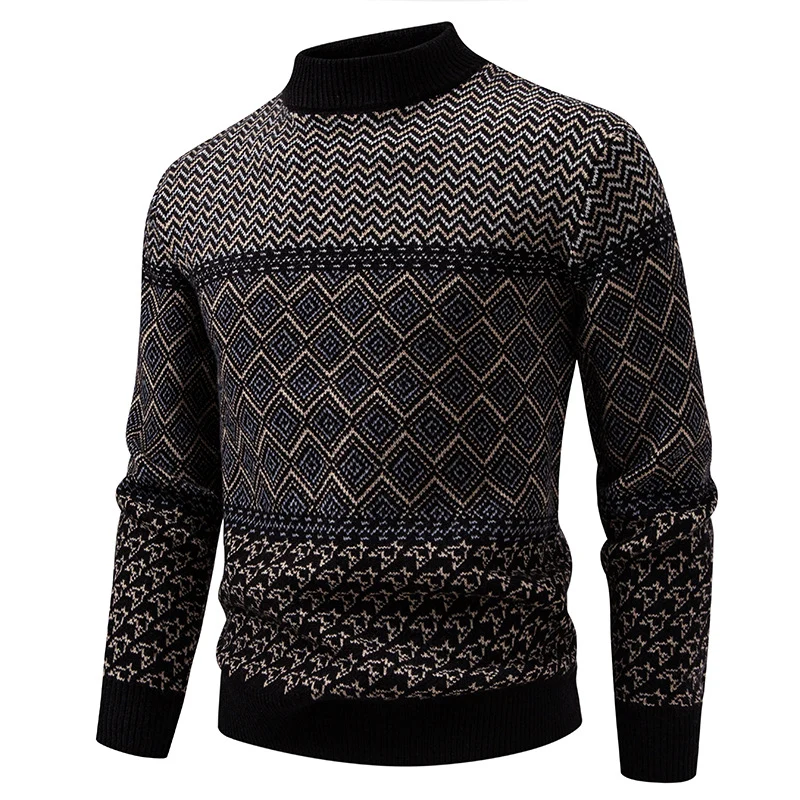 Herren Feinstrick-Mockneck-Pullover mit geometrischem Jacquard und gerippten Abschlüssen Drune