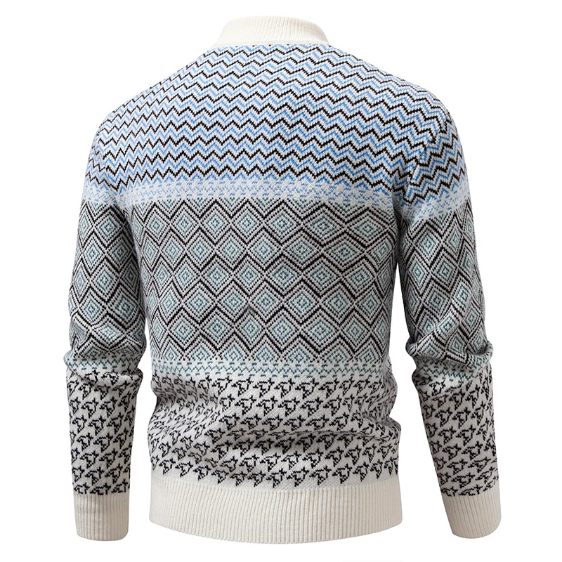 Herren Feinstrick-Mockneck-Pullover mit geometrischem Jacquard und gerippten Abschlüssen Drune