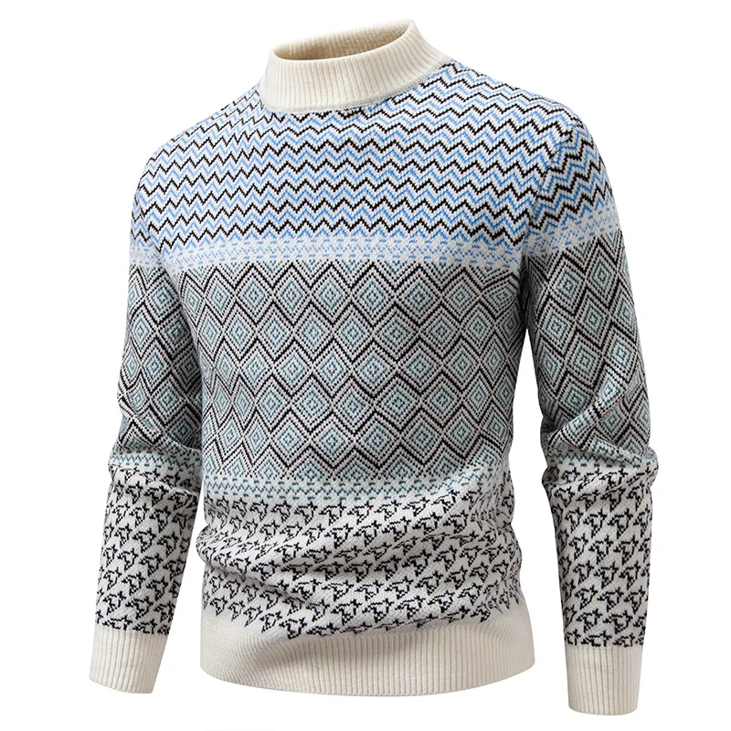 Herren Feinstrick-Mockneck-Pullover mit geometrischem Jacquard und gerippten Abschlüssen Drune