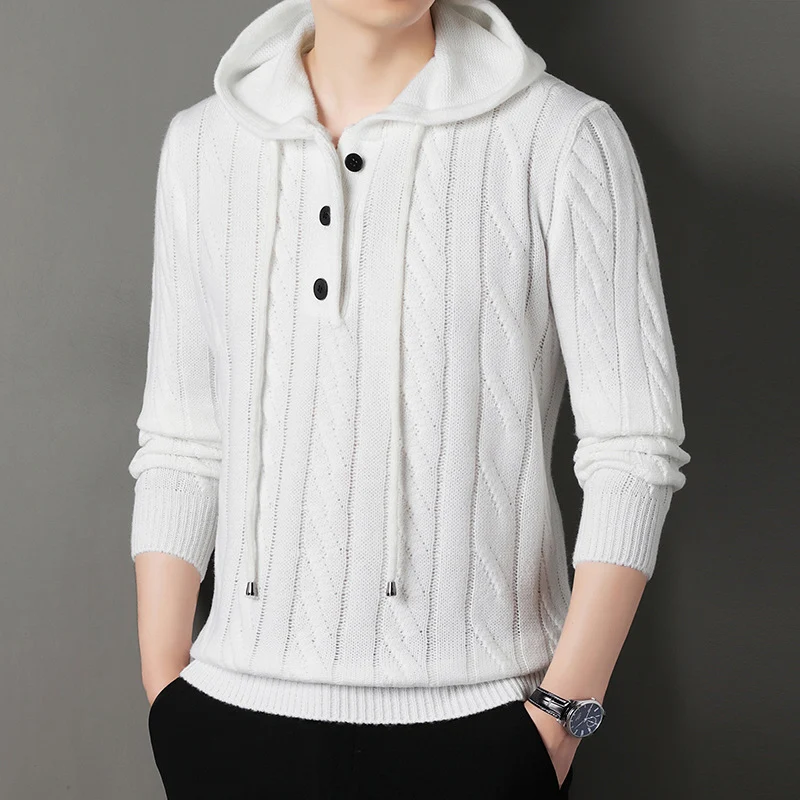 Herren Feinstrick-Kapuzenpullover mit Zopfmuster, Halbknopfblende und Kordelzug Drune