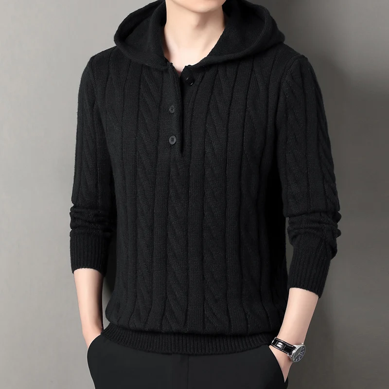 Herren Feinstrick-Kapuzenpullover mit Zopfmuster, Halbknopfblende und Kordelzug Drune