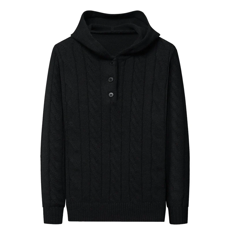 Herren Feinstrick-Kapuzenpullover mit Zopfmuster, Halbknopfblende und Kordelzug Drune