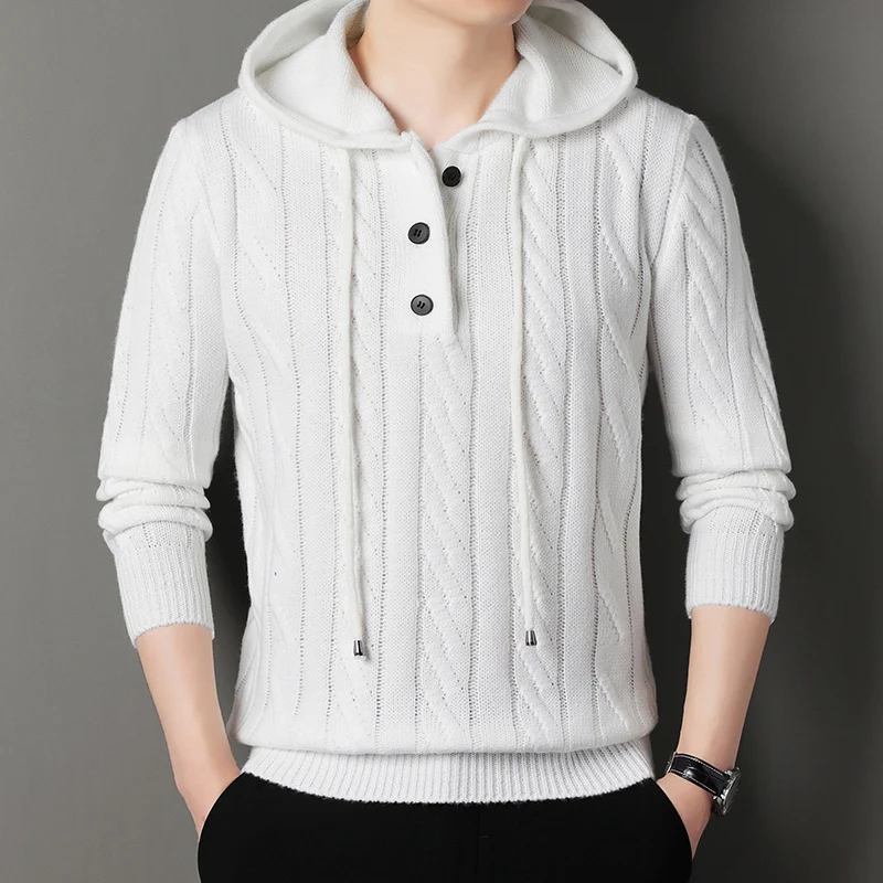 Herren Feinstrick-Kapuzenpullover mit Zopfmuster, Halbknopfblende und Kordelzug Drune
