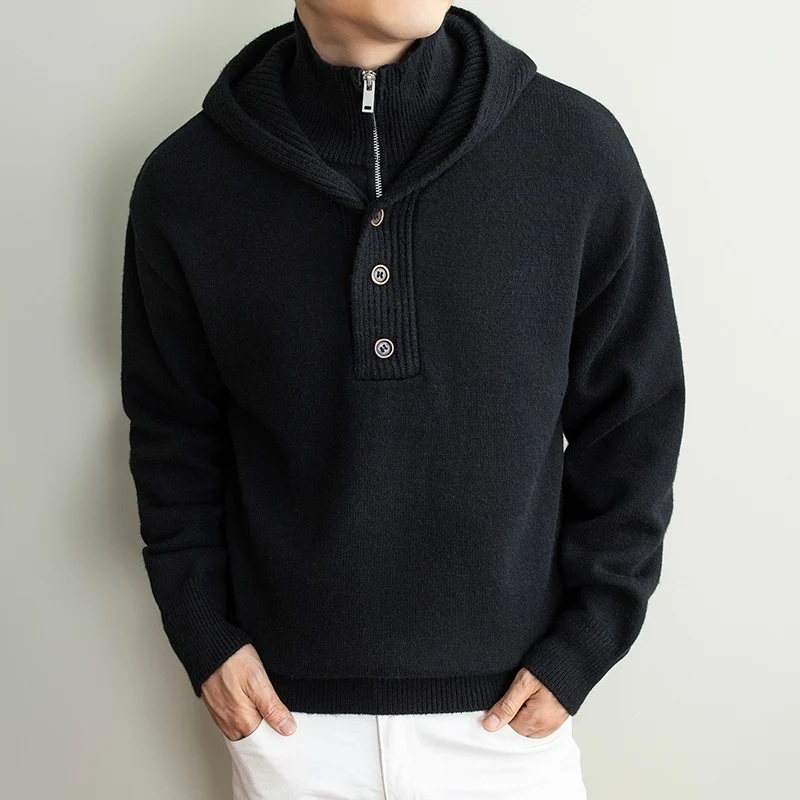 Herren Feinstrick-Kapuzenpullover mit halbem Reißverschluss und Knopfblende Drune
