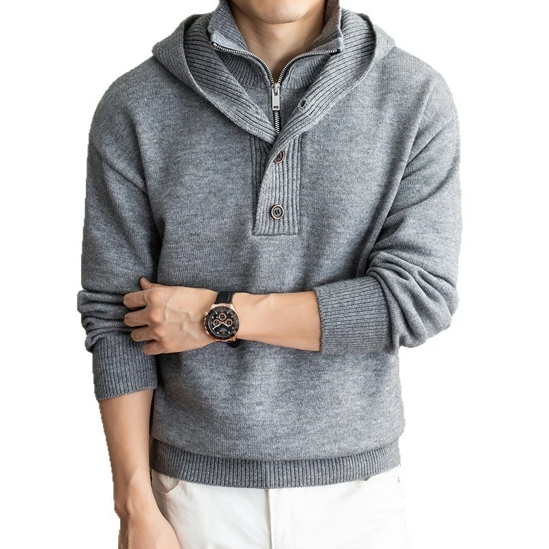 Herren Feinstrick-Kapuzenpullover mit halbem Reißverschluss und Knopfblende Drune