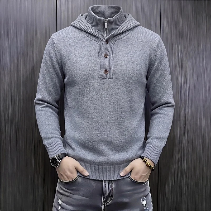 Herren Feinstrick-Kapuzenpullover mit halbem Reißverschluss und Knopfblende Drune