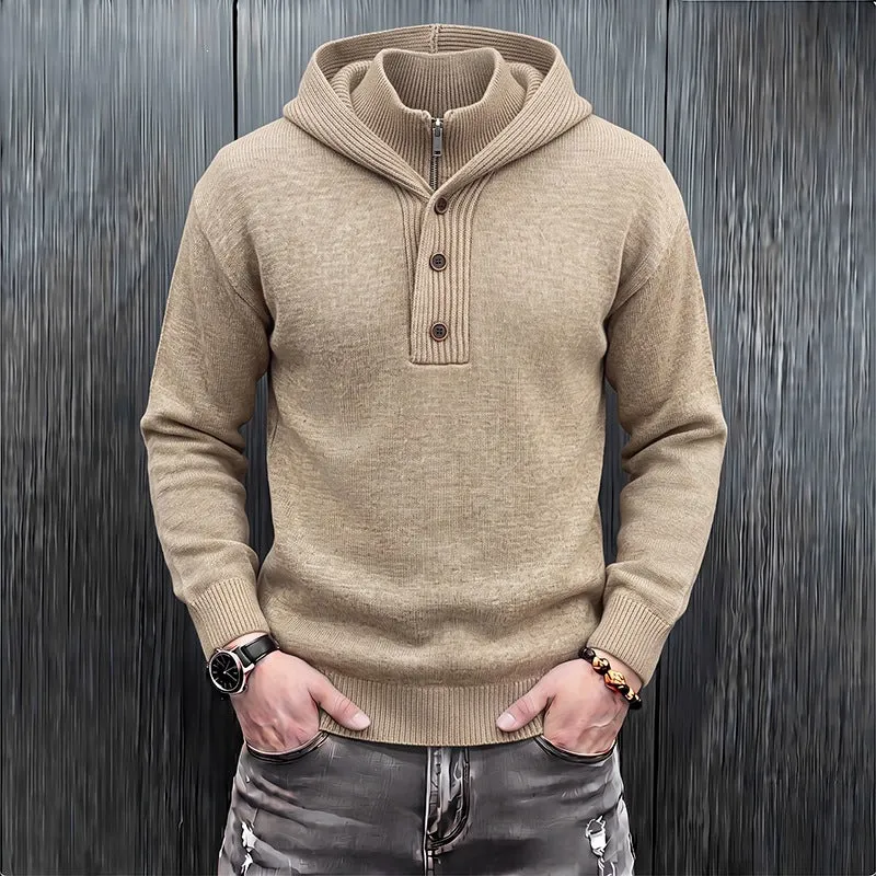 Herren Feinstrick-Kapuzenpullover mit halbem Reißverschluss und Knopfblende Drune