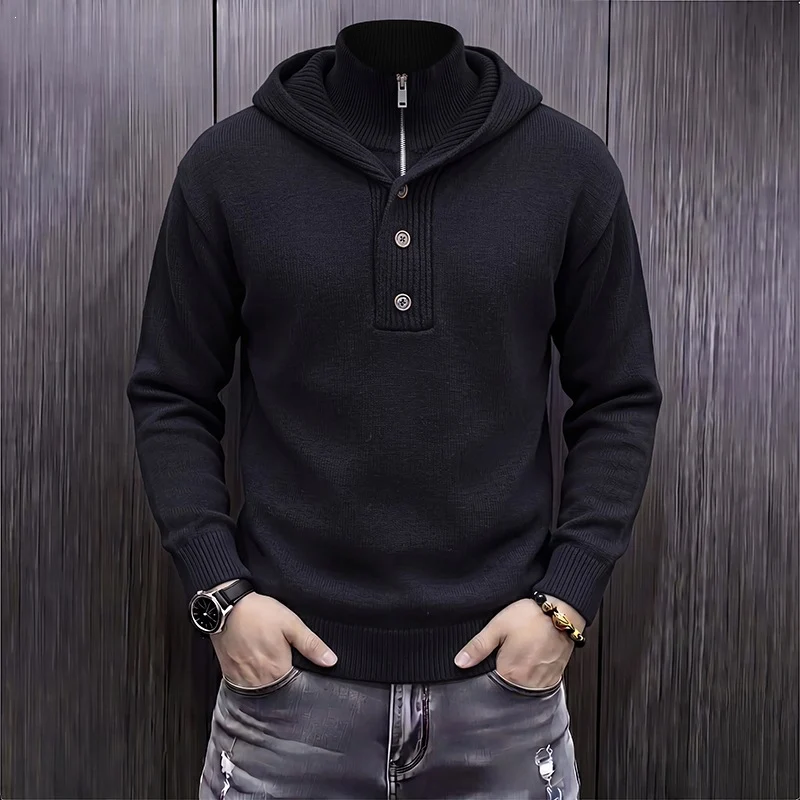 Herren Feinstrick-Kapuzenpullover mit halbem Reißverschluss und Knopfblende Drune