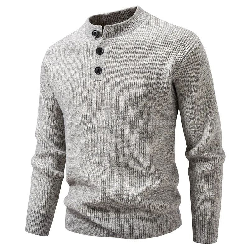 Herren Feinstrick-Henleypullover mit kurzem Stehkragen, Knopfleiste und Rippbündchen Drune