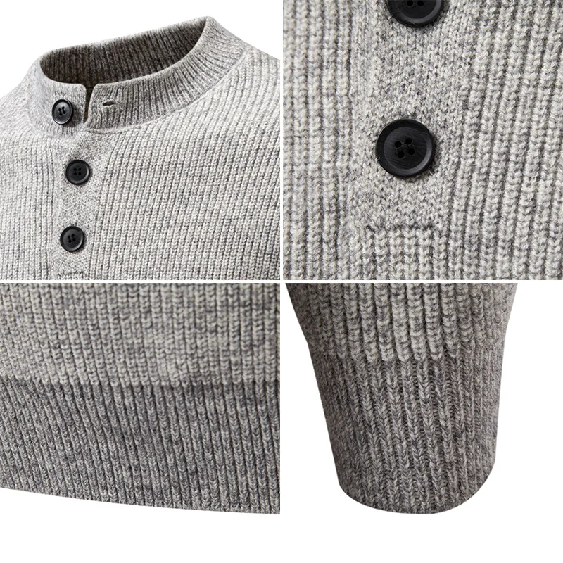 Herren Feinstrick-Henleypullover mit kurzem Stehkragen, Knopfleiste und Rippbündchen Drune