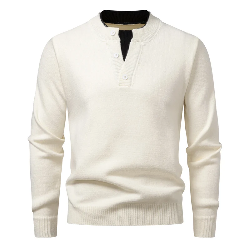 Herren Feinstrick-Henley-Pullover mit kurzer Knopfleiste und geripptem Stehkragen Drune