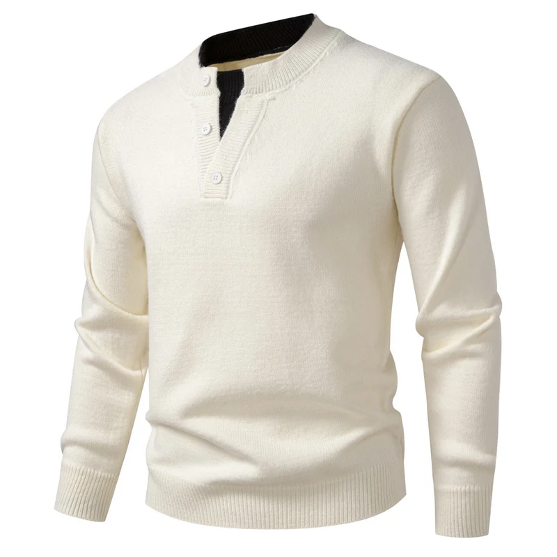 Herren Feinstrick-Henley-Pullover mit kurzer Knopfleiste und geripptem Stehkragen Drune