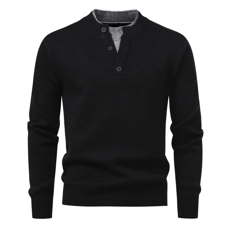 Herren Feinstrick-Henley-Pullover mit kurzer Knopfleiste und geripptem Stehkragen Drune