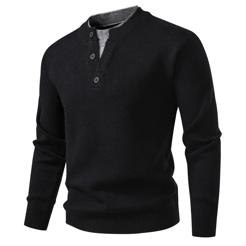 Herren Feinstrick-Henley-Pullover mit kurzer Knopfleiste und geripptem Stehkragen Drune
