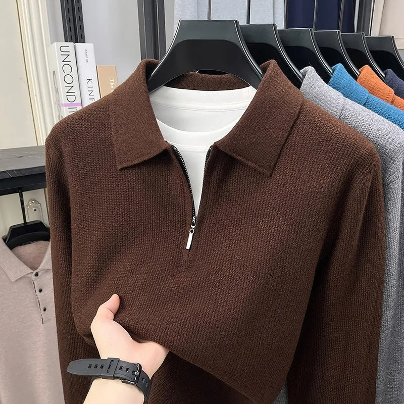 Herren Feinstrick-Halbzipp-Polo mit Hemdkragen und feiner Rippenstruktur Drune
