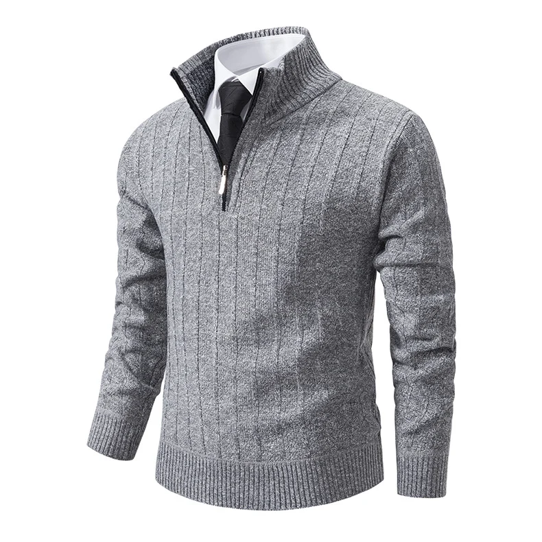 Herren Feinstrick-Halbzip-Pullover mit Zopfmuster und strukturierter Melange-Optik Drune