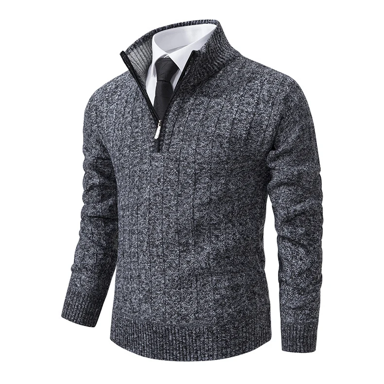 Herren Feinstrick-Halbzip-Pullover mit Zopfmuster und strukturierter Melange-Optik Drune