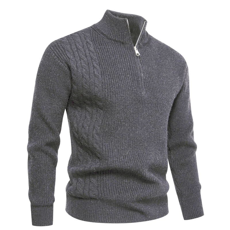 Herren Feinstrick-Halbzip-Pullover mit Stehkragen, Rippstruktur und Schulter-Zopfdetail Drune