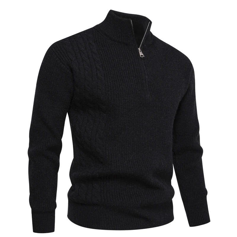 Herren Feinstrick-Halbzip-Pullover mit Stehkragen, Rippstruktur und Schulter-Zopfdetail Drune