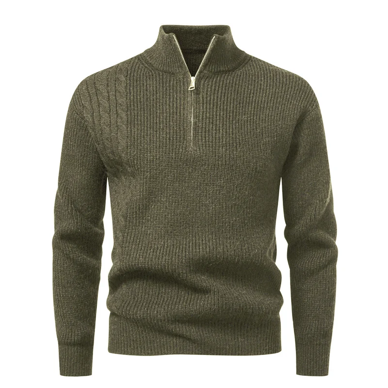 Herren Feinstrick-Halbzip-Pullover mit Stehkragen, Rippstruktur und Schulter-Zopfdetail Drune
