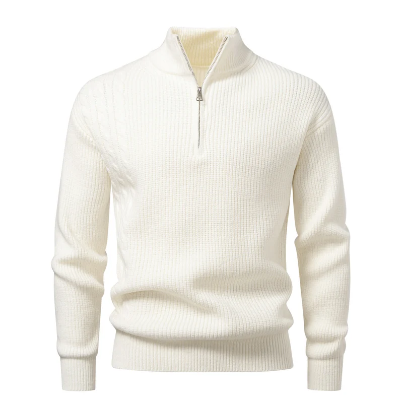 Herren Feinstrick-Halbzip-Pullover mit Stehkragen, Rippstruktur und Schulter-Zopfdetail Drune