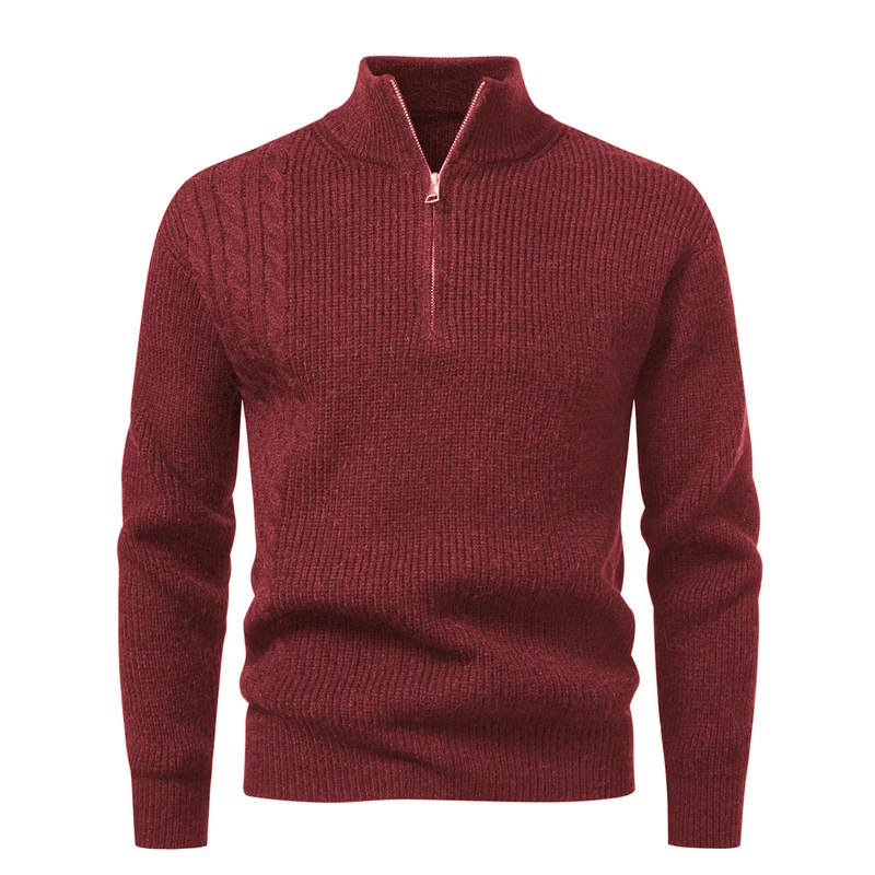 Herren Feinstrick-Halbzip-Pullover mit Stehkragen, Rippstruktur und Schulter-Zopfdetail Drune