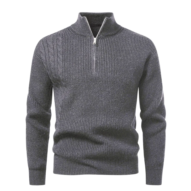 Herren Feinstrick-Halbzip-Pullover mit Stehkragen, Rippstruktur und Schulter-Zopfdetail Drune