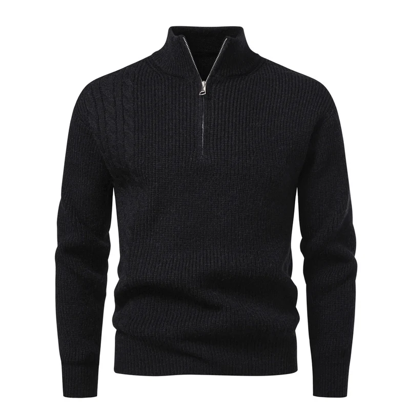 Herren Feinstrick-Halbzip-Pullover mit Stehkragen, Rippstruktur und Schulter-Zopfdetail Drune