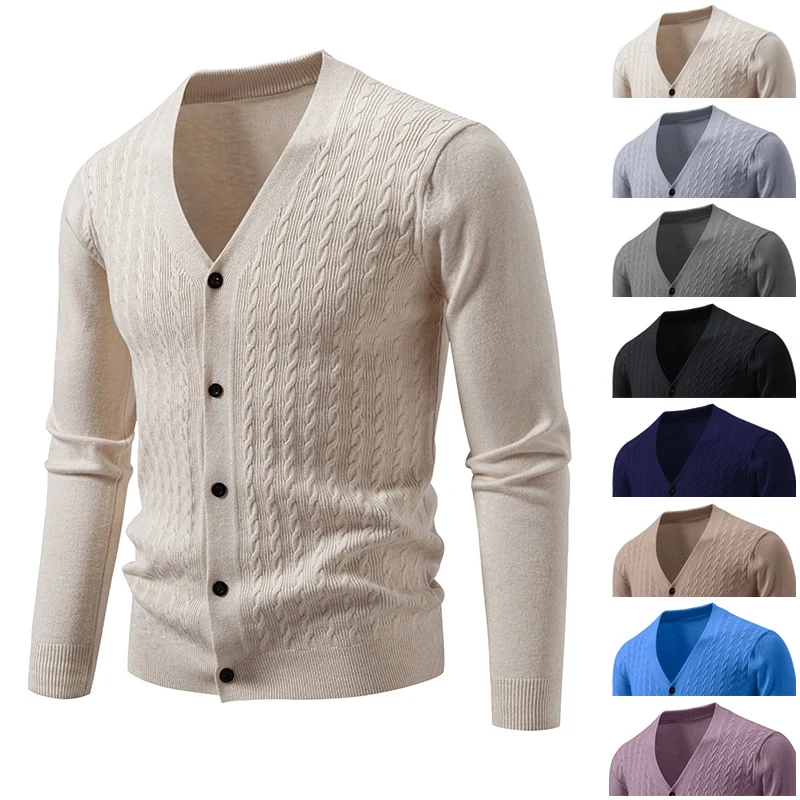 Herren Feinstrick-Cardigan mit Zopfmuster, V‑Ausschnitt und Knopfleiste Drune