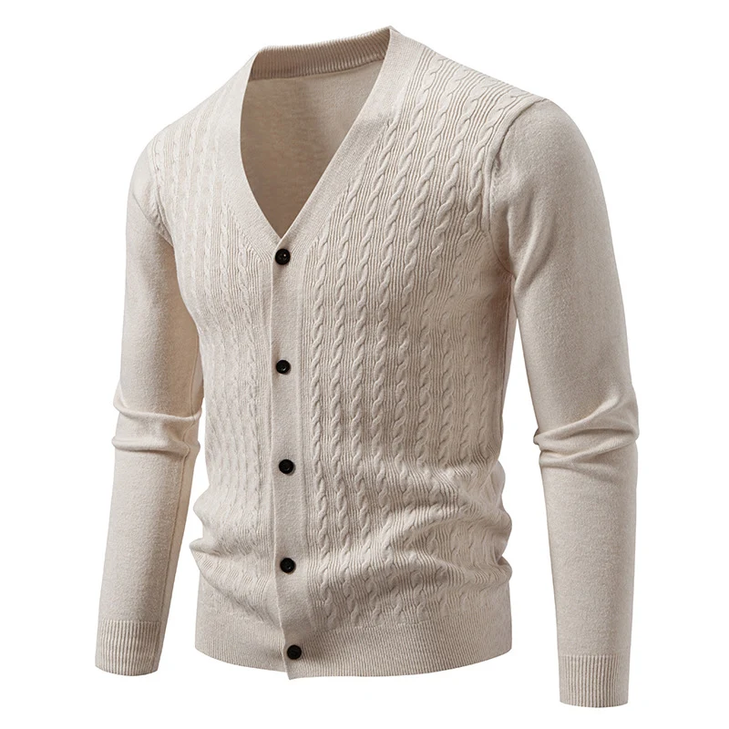 Herren Feinstrick-Cardigan mit Zopfmuster, V‑Ausschnitt und Knopfleiste Drune