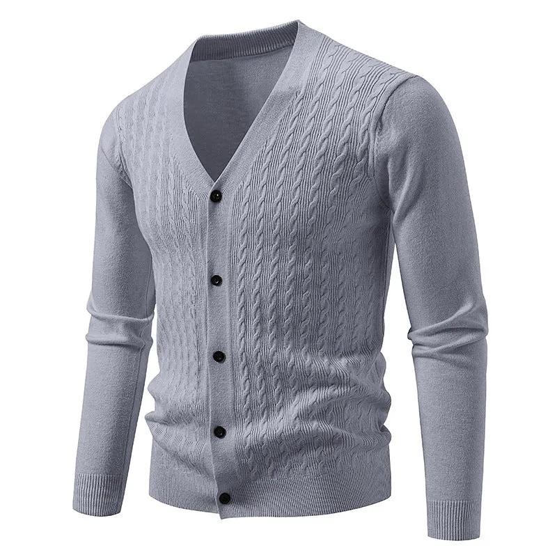 Herren Feinstrick-Cardigan mit Zopfmuster, V‑Ausschnitt und Knopfleiste Drune
