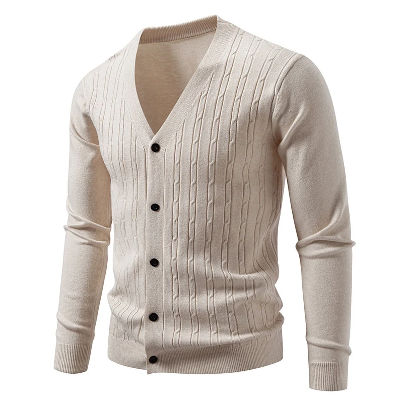 Herren Feinstrick-Cardigan mit V-Ausschnitt und vertikalem Zopfmuster Drune