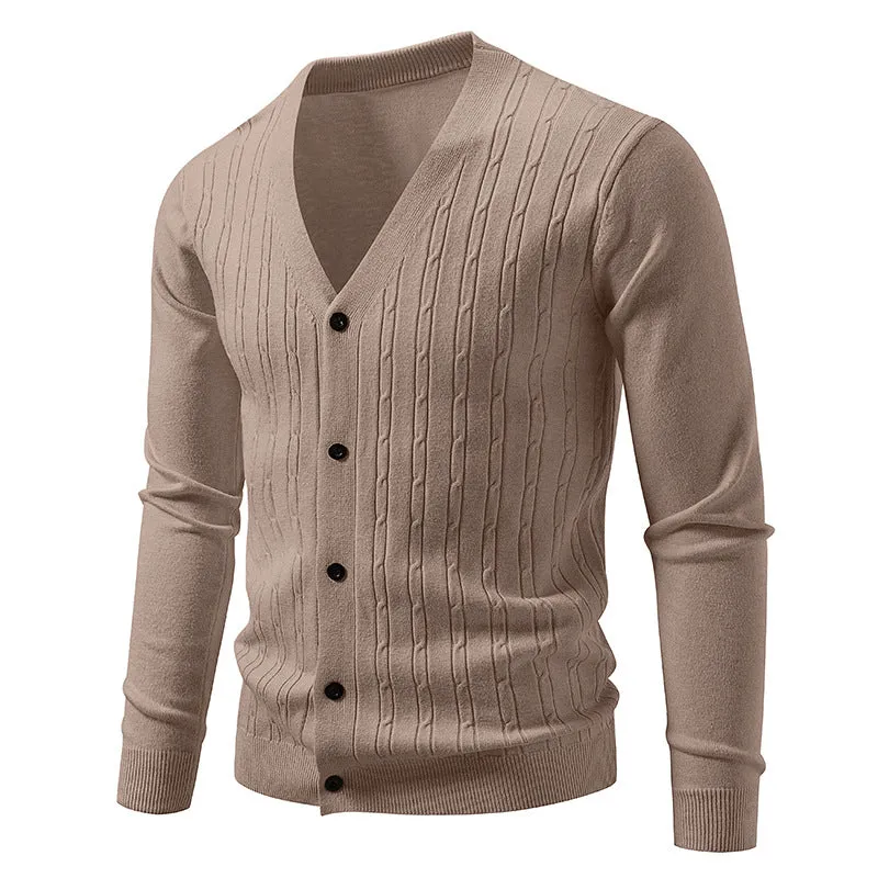 Herren Feinstrick-Cardigan mit V-Ausschnitt und vertikalem Zopfmuster Drune