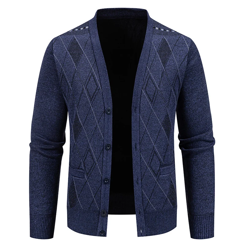 Herren Feinstrick-Cardigan mit Rautenmuster, Knopfleiste und Eingrifftaschen Drune