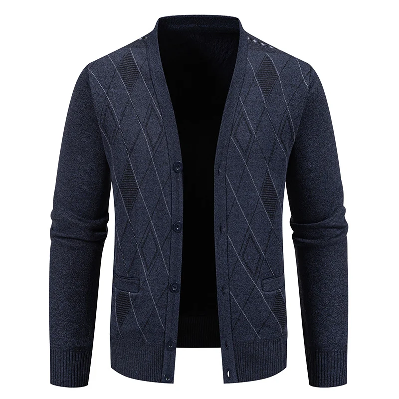 Herren Feinstrick-Cardigan mit Rautenmuster, Knopfleiste und Eingrifftaschen Drune