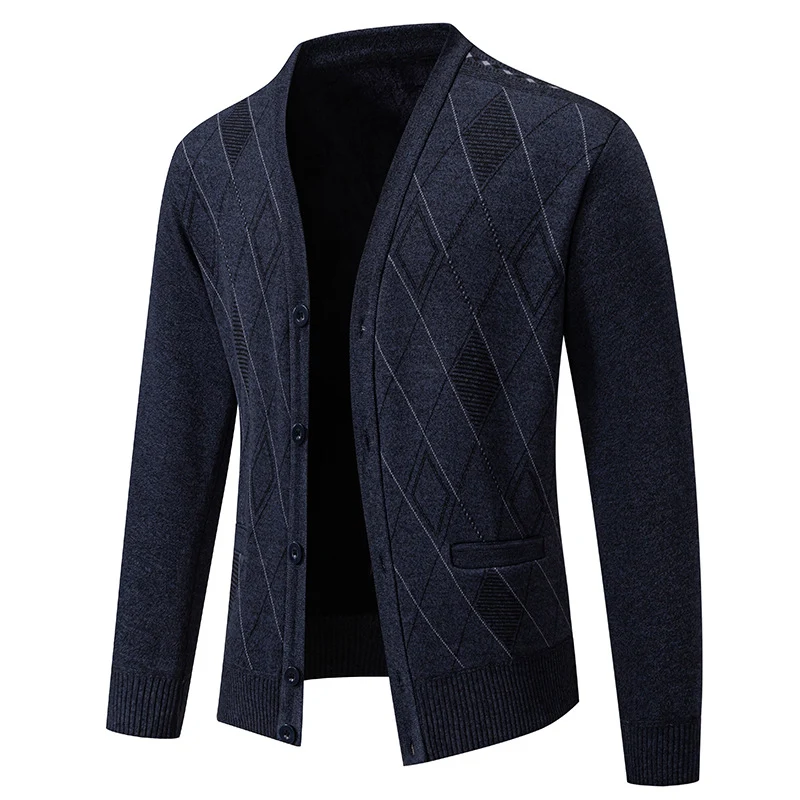 Herren Feinstrick-Cardigan mit Rautenmuster, Knopfleiste und Eingrifftaschen Drune