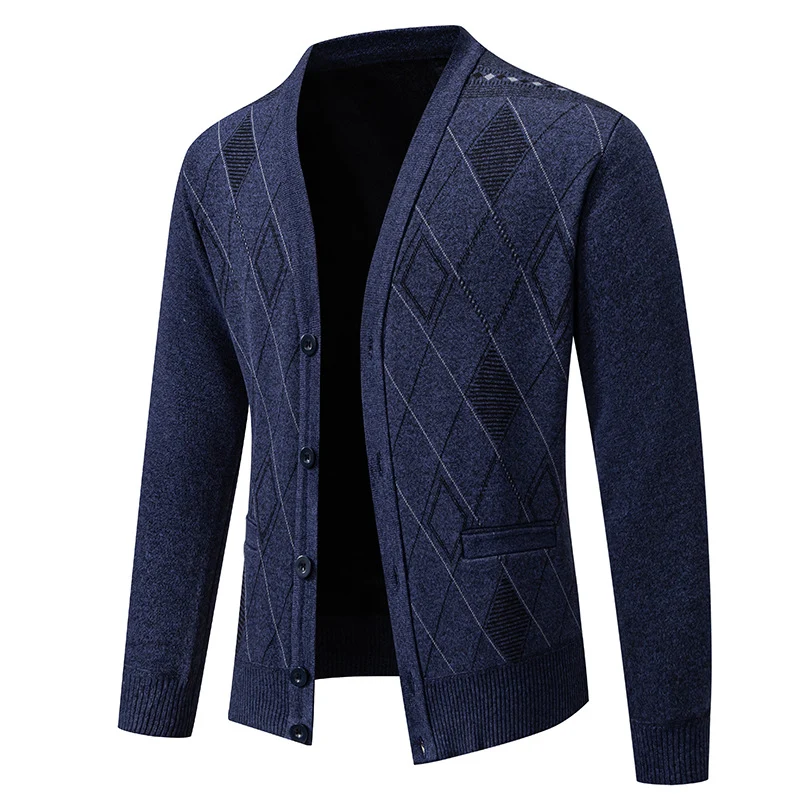 Herren Feinstrick-Cardigan mit Rautenmuster, Knopfleiste und Eingrifftaschen Drune