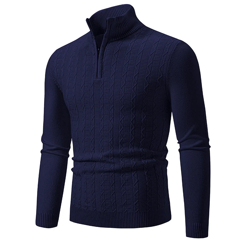 Herren Feiner Zopfstrick-Halbzippullover mit Mockneck und geripptem Saum Drune
