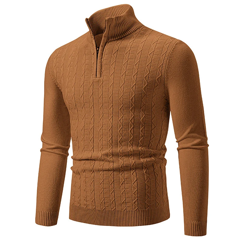 Herren Feiner Zopfstrick-Halbzippullover mit Mockneck und geripptem Saum Drune