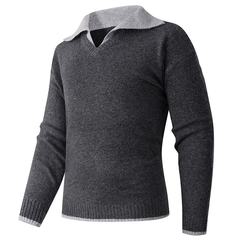 Herren Feiner V-Ausschnitt-Pullover mit Hemdkragen‑Optik und gerippten Bündchen Drune