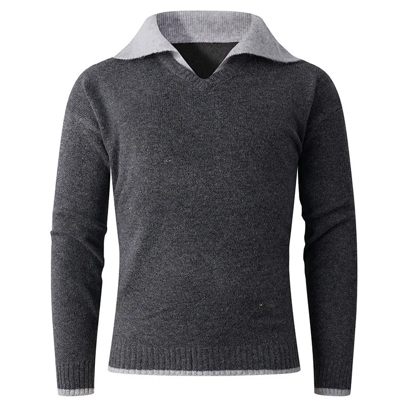 Herren Feiner V-Ausschnitt-Pullover mit Hemdkragen‑Optik und gerippten Bündchen Drune